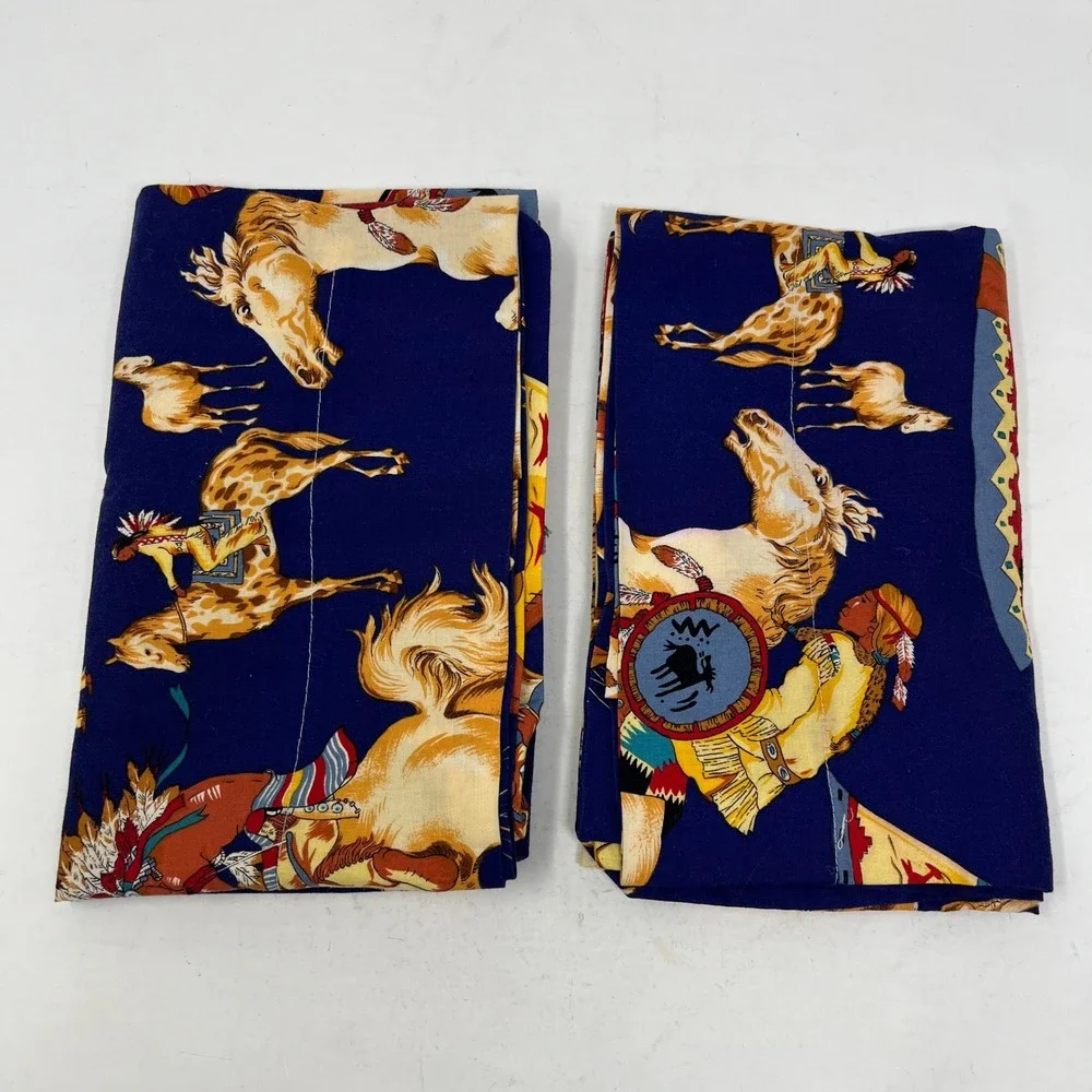 Vintage Western Native American Horse Tipi Navy Blue Standard Pillowcase Set 2pc